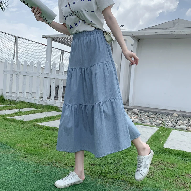 

2023 New Blue Denim Skirt Women Fashion High Waist Elastic A-Line Long Skirts Casual Woman Clothes Streetwear