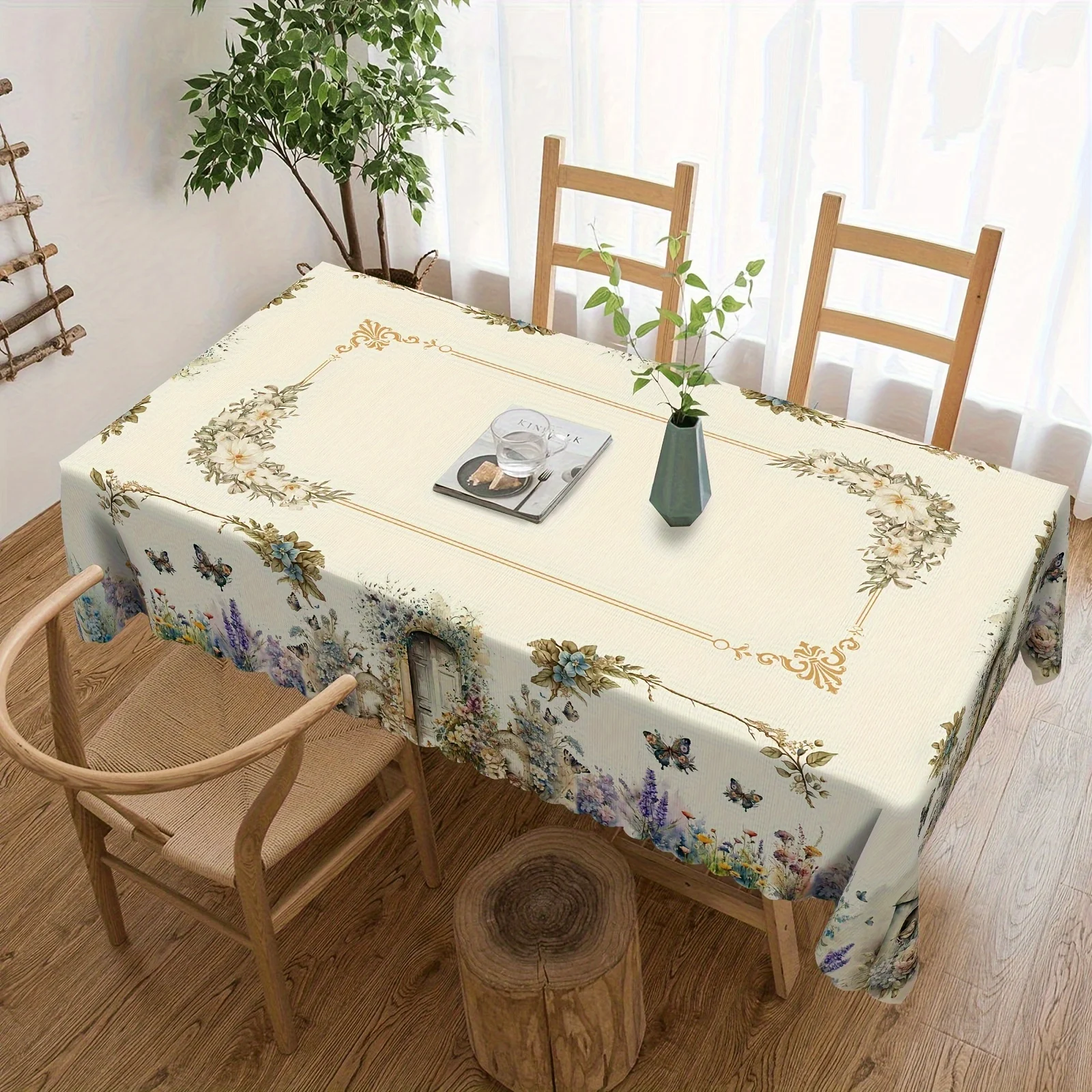 Vintage Floral Butterfly Lavender Bird Waterproof Tablecloth Dining Table Decor Spring Flowers Leaf Table Cover Home Party Decor