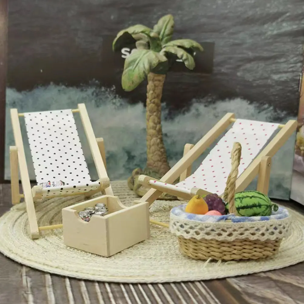 

2Pcs Miniature Beach Chair Recliner Mini House Decoration Miniature Folding Lounge Chair for Garden Party Restaurant Bar