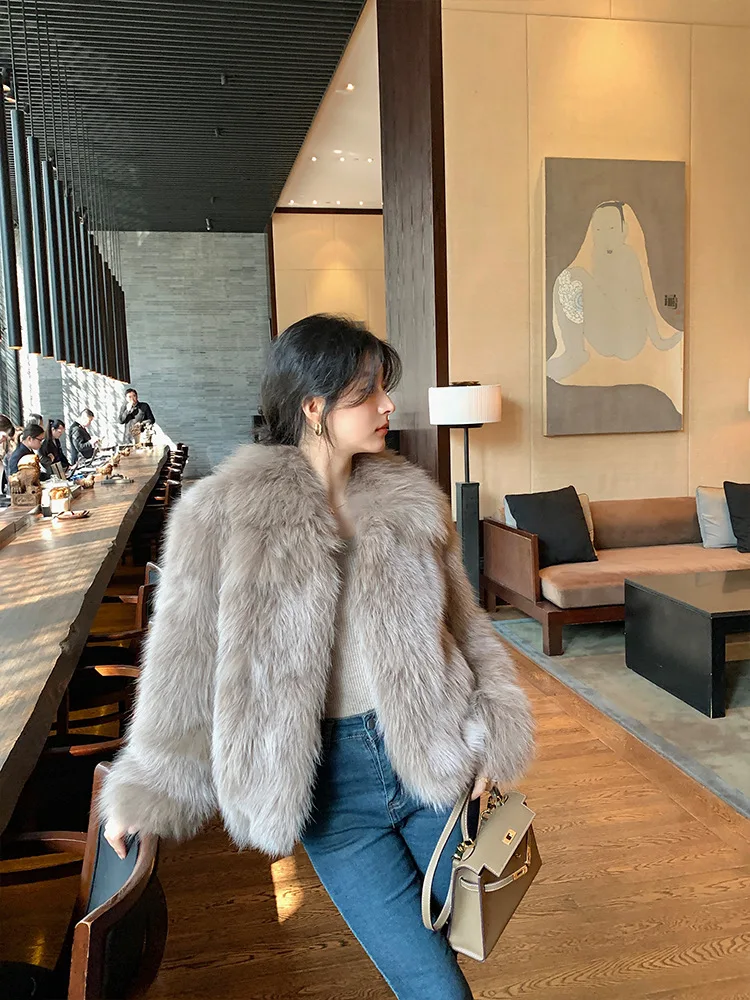 Women Faux Fox Fur Coats Solid Short Jackets Long Sleeves Turn Down Collar Open Stitch Loose Elegant Casual 2026 Autumn Winter