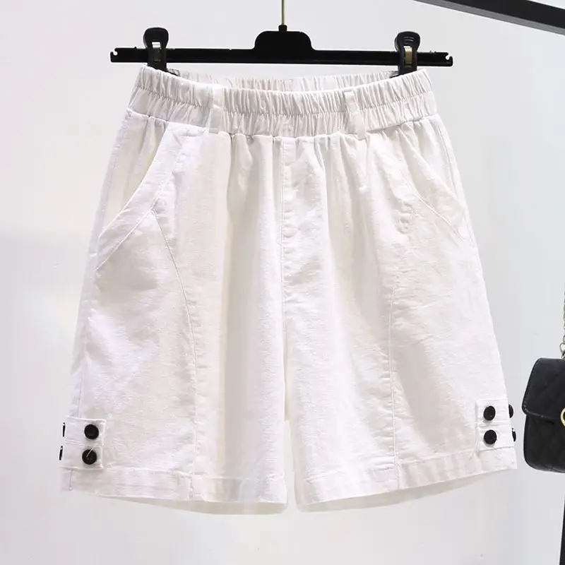 2024 New Casual Summer Solid Color Elastic Waist Pocket Button Women's Thin Knee Length High Waist Loose Straight Leg Shorts