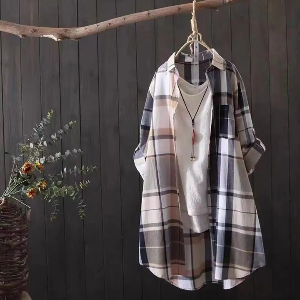 Breathable Women Blouse Colorful Plaid Print Women's Shirt with Pocket Loose Fit Lapel Long Sleeve Mid-length for Women