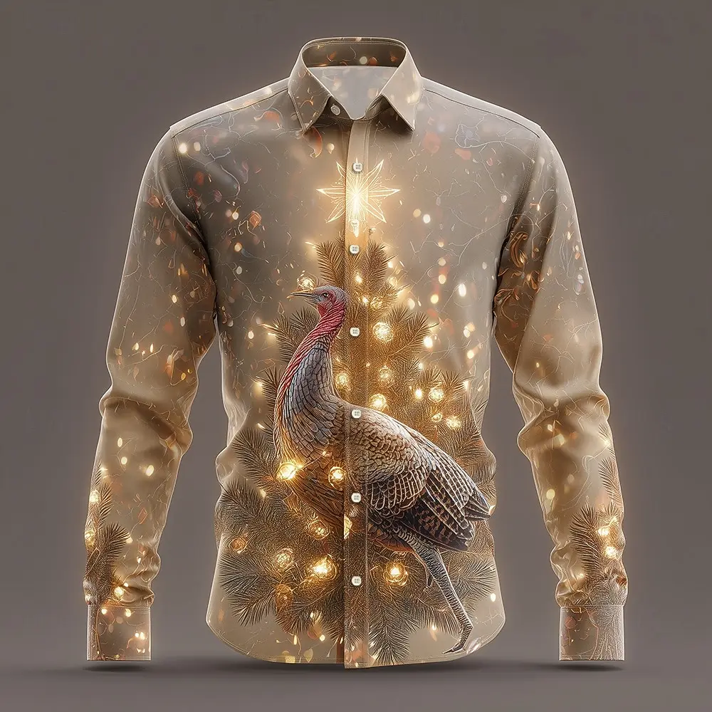 قميص رجالي لامع لامع لعيد الشكر تركيا لعيد الميلاد الخفيف بأزرار لأعلى وأكمام طويلة قمصان مطبوعة ثلاثية الأبعاد #1