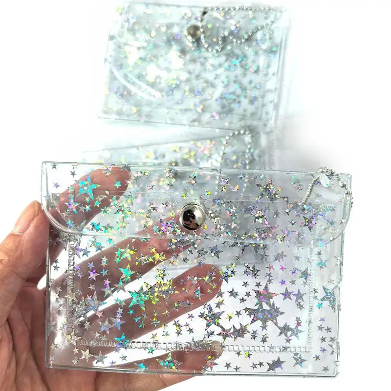 1Pcs Star Glitter Clear PVC Card Holder Mini Snap Coin Purse With Bead Chain Keyring For ID Card Daily Storage Gift