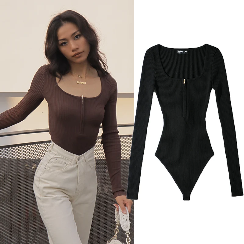 

Осенне-зимний облегающий вязаный комбинезон на молнии с квадратным вырезом для женщин, универсальный, с длинными рукавами, базовый, для уличного стиля...