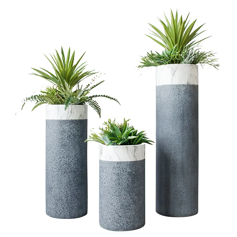 LTT modern European cylindrical floor-to-ceiling large vase FRP sandstone marble flower pattern