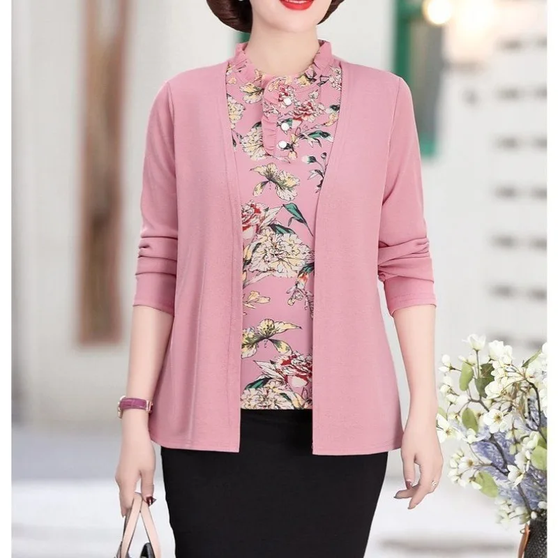 Women\'s 2023 New Spring and Autumn Solid Pullover Folds Round Neck Button Long Sleeve Printing Plus Size Folk Two Piece Set Tops
