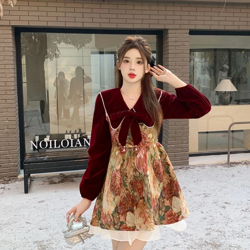 Women Sets Vintage Bow Top Sleeveless Printed Dress 2pcs Lace Patchwork Korean Fashion Autumn Winter Popular Elegant Young Y2k