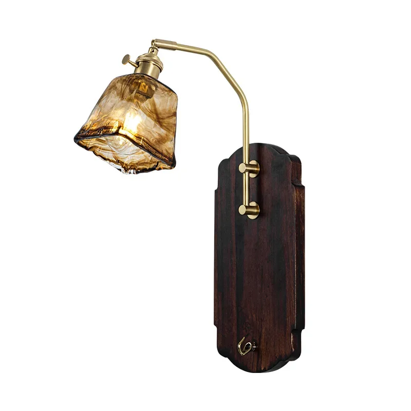 French retro wood wall lamp, literary walnut color bed and breakfast background wall study bedside