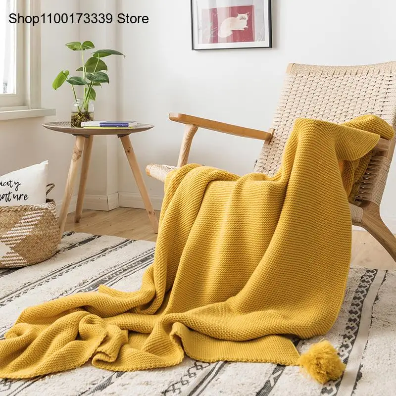 Soft Pompom Tassels Blanket Stylish and Simple Pure Color Knit Blanket for Home Spring Autumn and Winter