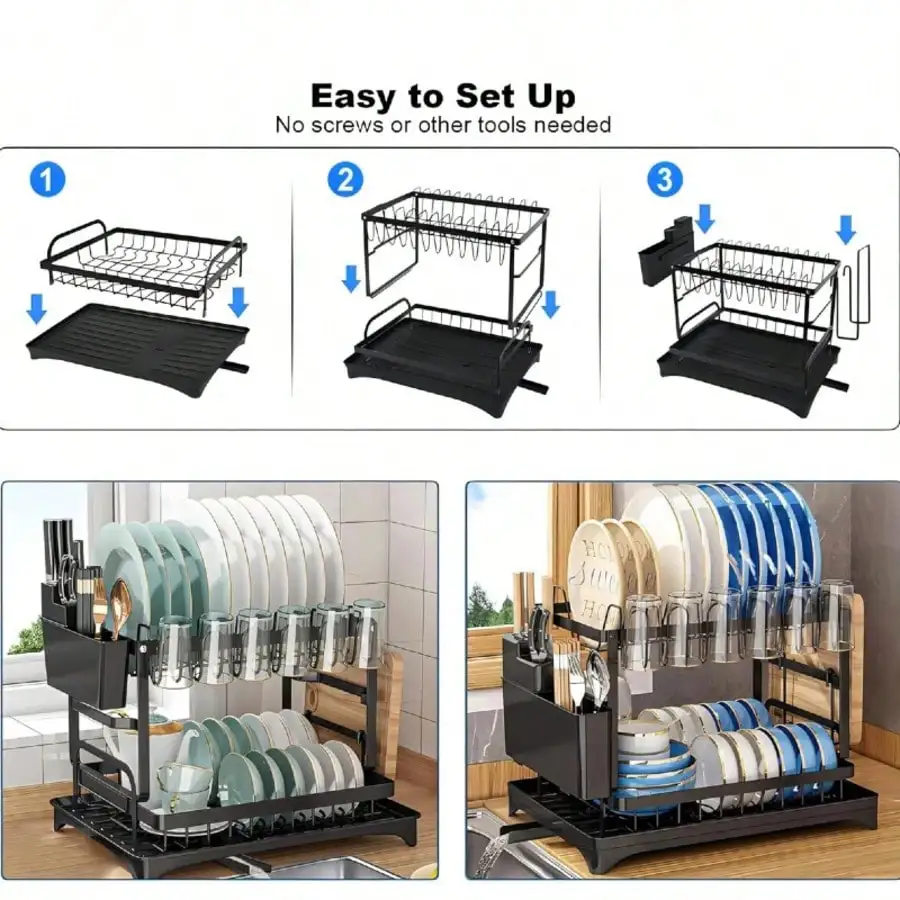 رف تجفيف الأطباق من طبقتين مع لوح تصريف، منظم رف الأطباق المعدني بالوعة والكونترتوب، مصارف الأطباق لطاولة المطبخ،