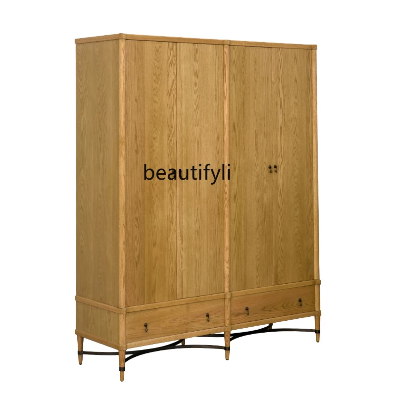 American rural pastoral style solid wood door wardrobe bedroom multi-functional cabinet, four-door wardrobe