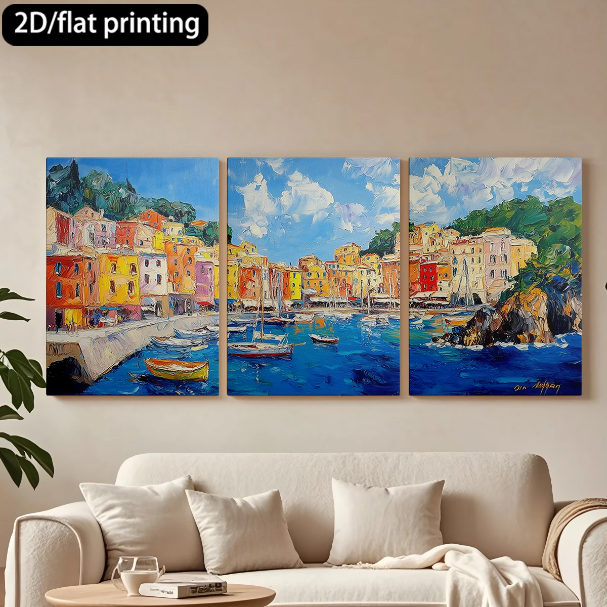 

2D flat printing 3pc wooden frame canvas decorative painting Coastal town painting, colorful buildings.