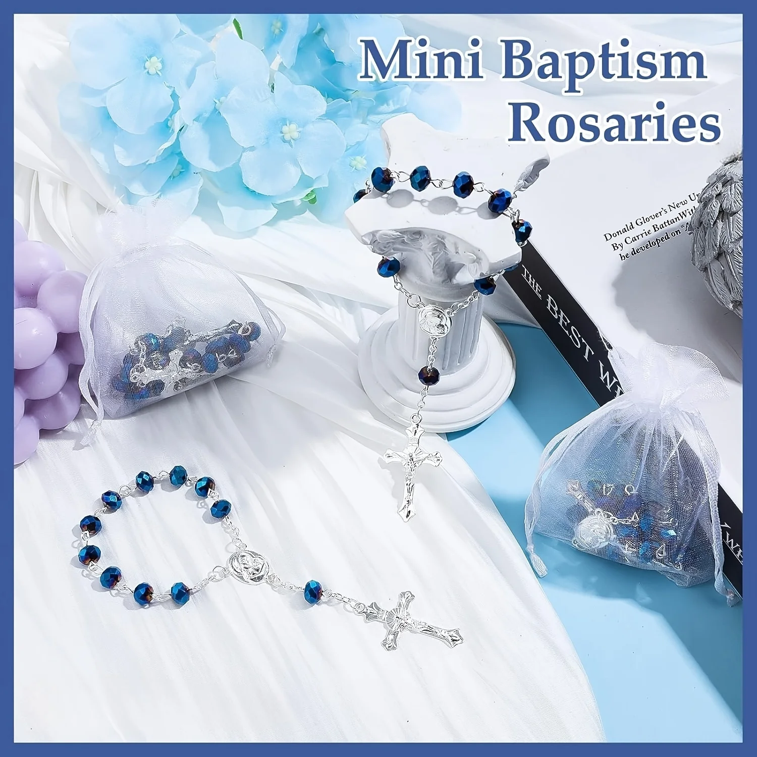 2/5/10 Sets katholische Mini-Taufrosenkränze in Blau mit Karten und Organzabeuteln, Hochzeitsgeschenke für Gäste zur Taufe und Erstkommunion – Detail 1