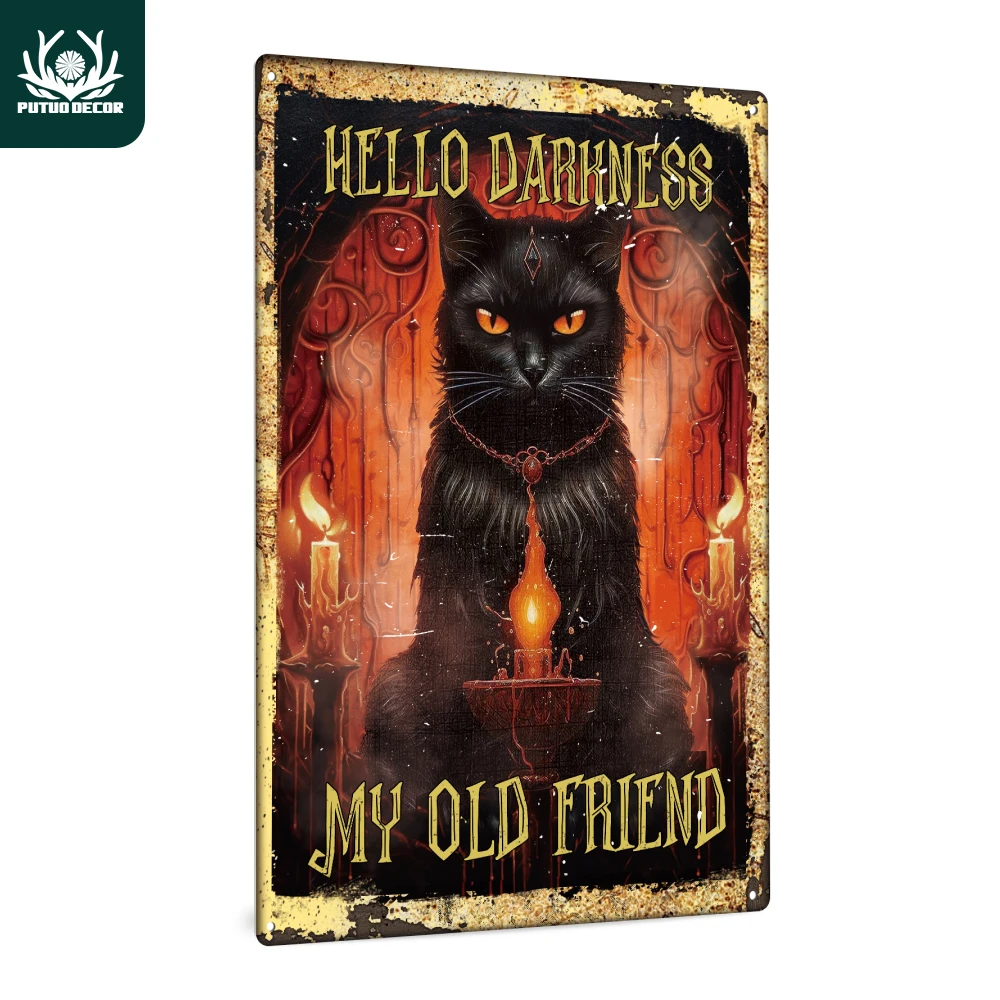 Putuo Decor 1 Stück Vintage-Metallblechschild, Hello Darkness My Old Friend, Wandkunst-Dekor für Halloween-Party, Halloween-Geschenk