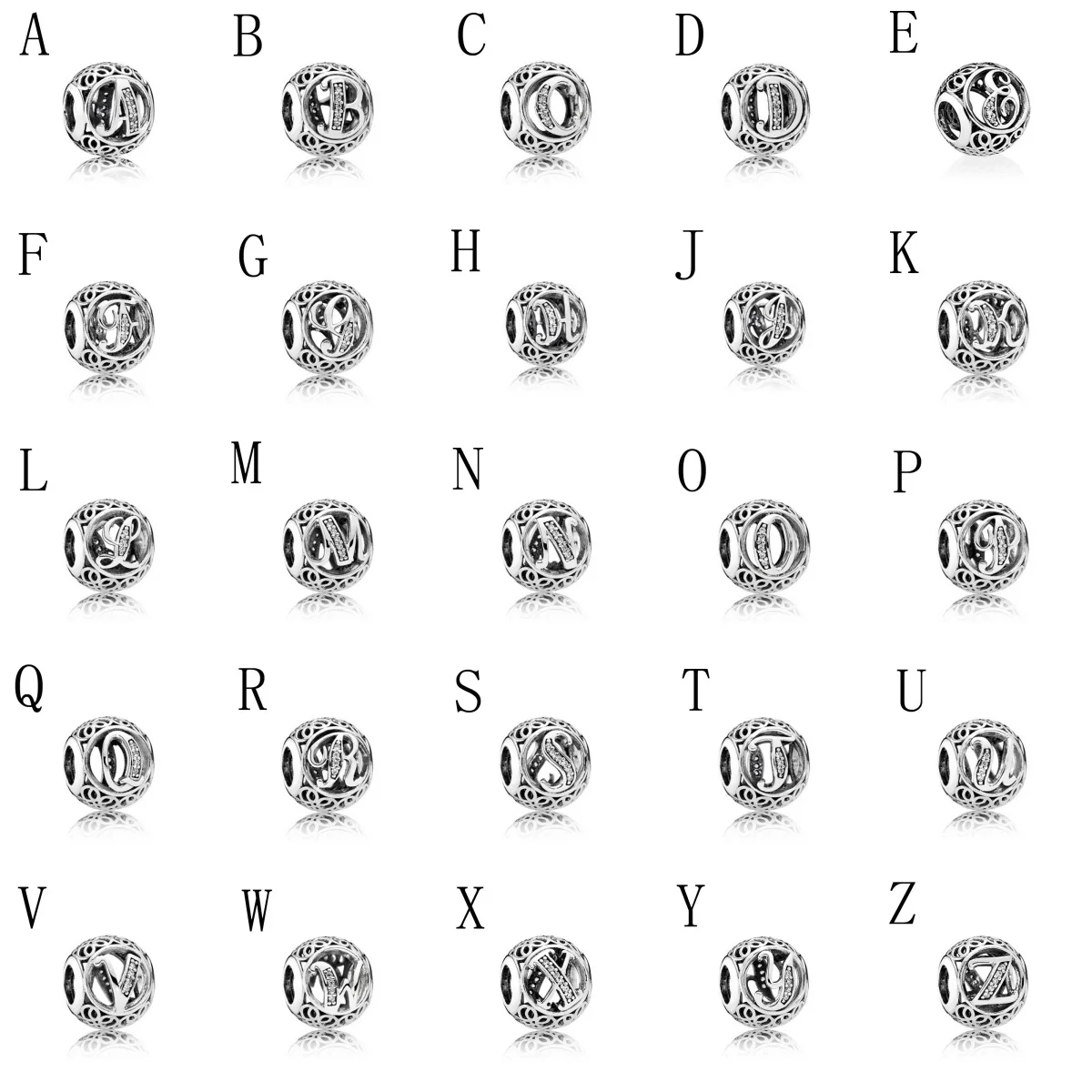 2026 New 925 Silver Hollow Round Alphabet Letter Beads 26 A-Z Vintage Filigree Ball Large Hole Charms for DIY Bracelet Gift