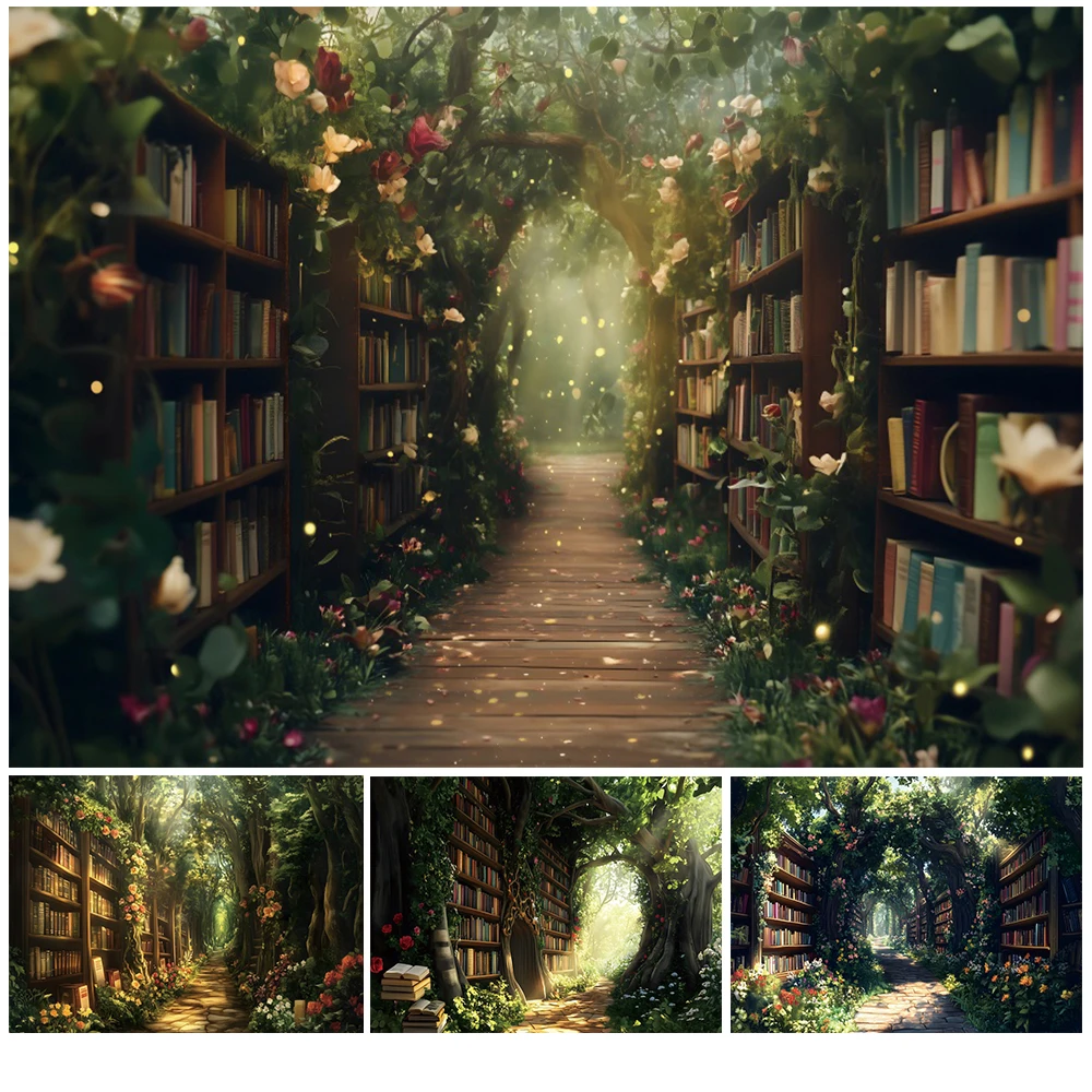 conto-de-fadas-floresta-biblioteca-fotografia-pano-de-fundo-plantas-flores-estante-arvores-verdes-crianca-festa-de-aniversario-foto-fundo-cartaz