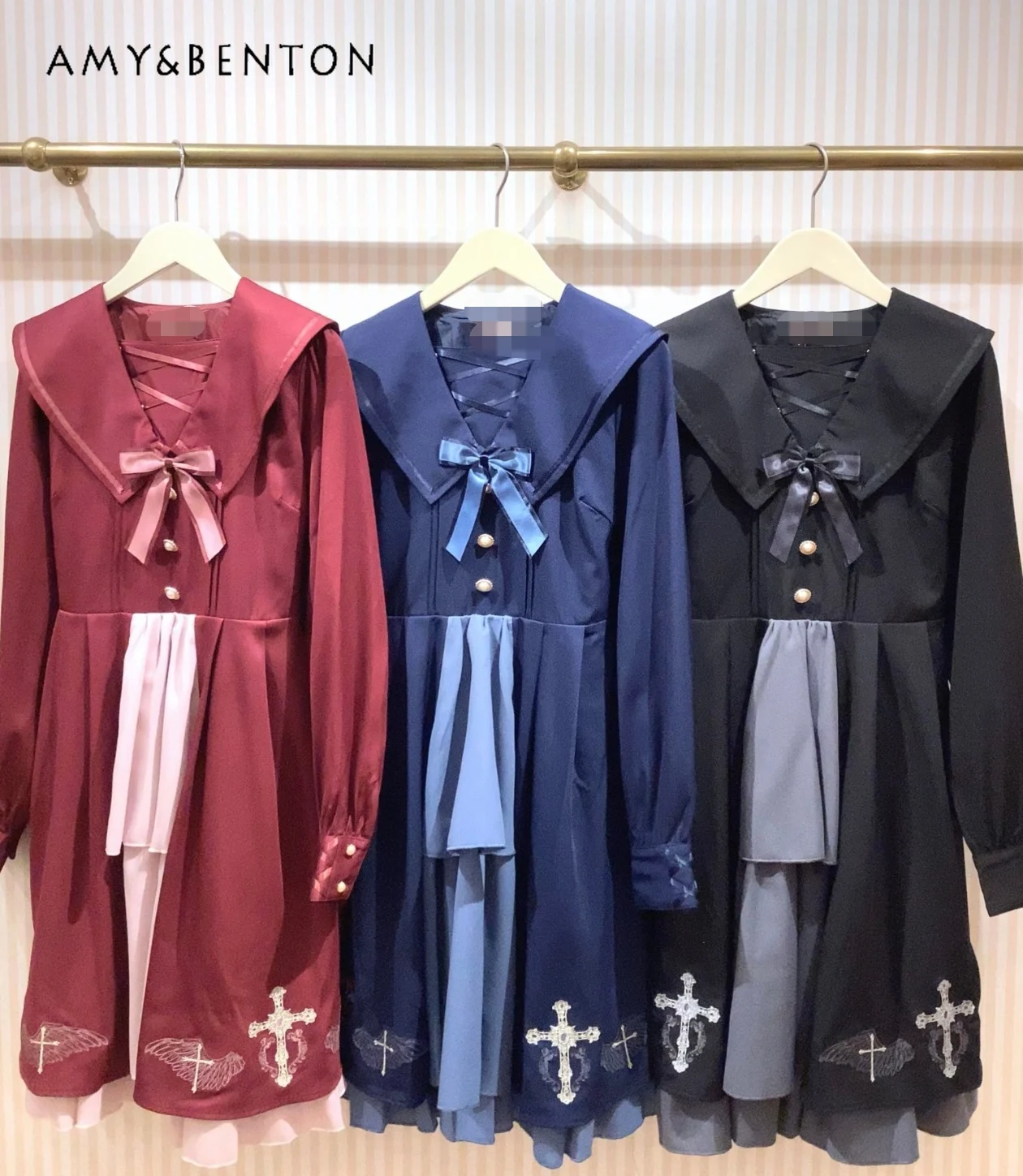 Japonês doce cruz bordado em camadas vestido de manga longa estilo universitário bonito gola marinha arco magro vestido de comprimento médio para mulher