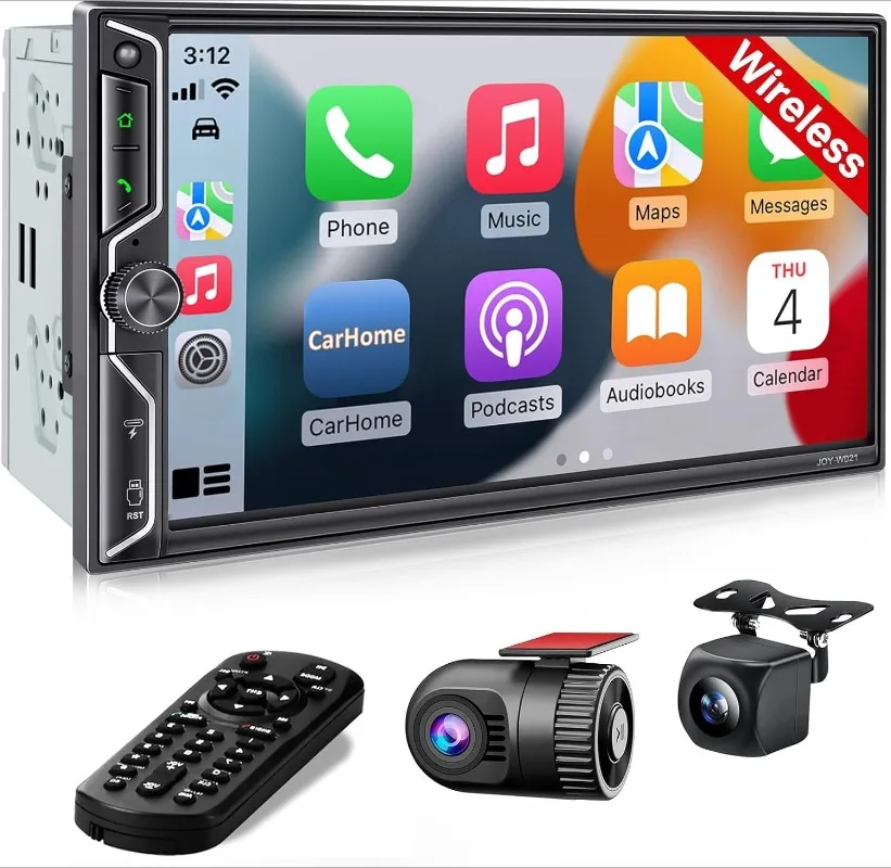 [ترقية شاشة QLED] ستيريو سيارة مزدوج الدين مقاس 7 بوصات مع كاميرا داش، CarPlay اللاسلكية وأجهزة Android Auto، Bluetooth 5.3، 240W 4