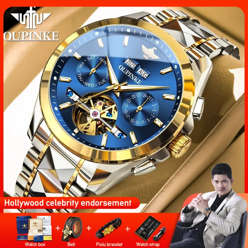 OUPINKE 3290 Mens Watch Luxury Automatic Mechanical Watch﻿ Multifunctional Chronograph 50M Waterproof Perpetual Calendar Watch