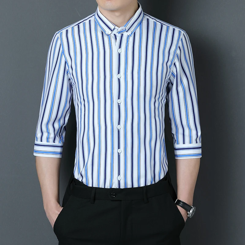 

Business Casual Chemise Homme Striped Half Sleeve Shirts For Men Summer New High Quality Polyester Anti-Wrinkle Camisa Masculina