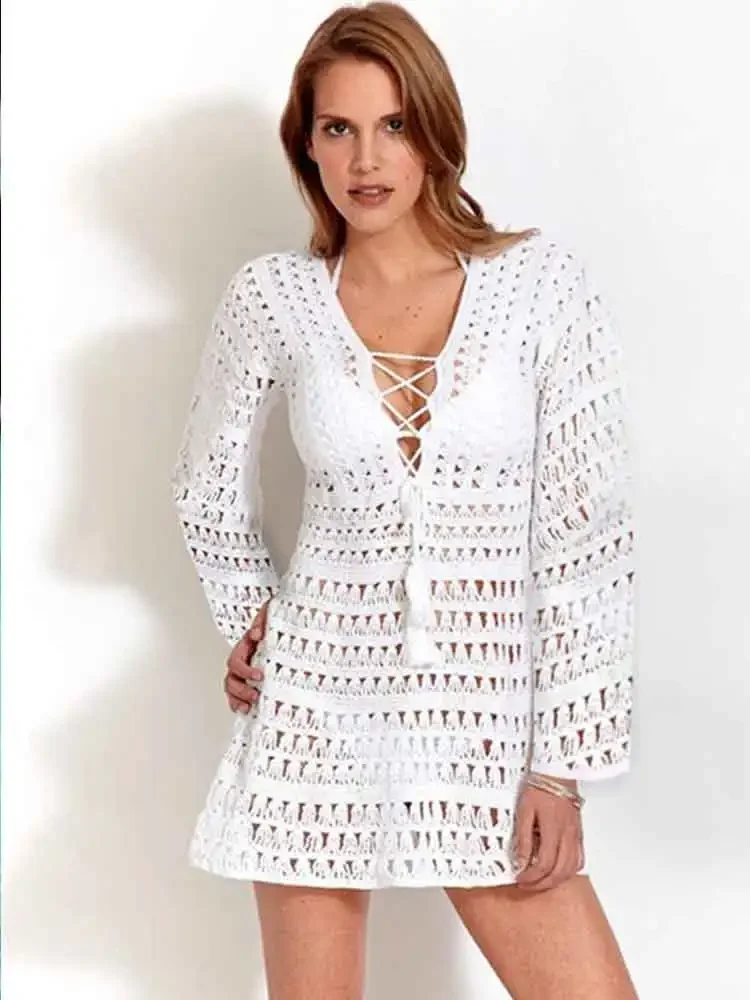 Chic Knit Tassels Cut Out V-neck Long Sleeve White Beach Mini Dress 2024 Women Sexy Summer Vacation Swimwear Cover Up Tunic K27