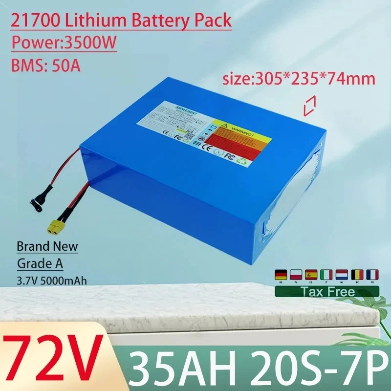 72V 50Ah 40Ah 30Ah 20Ah 21700 lithium battery pack with built-in BMS 0-3500W motor high-power rechargeable battery tax exempt