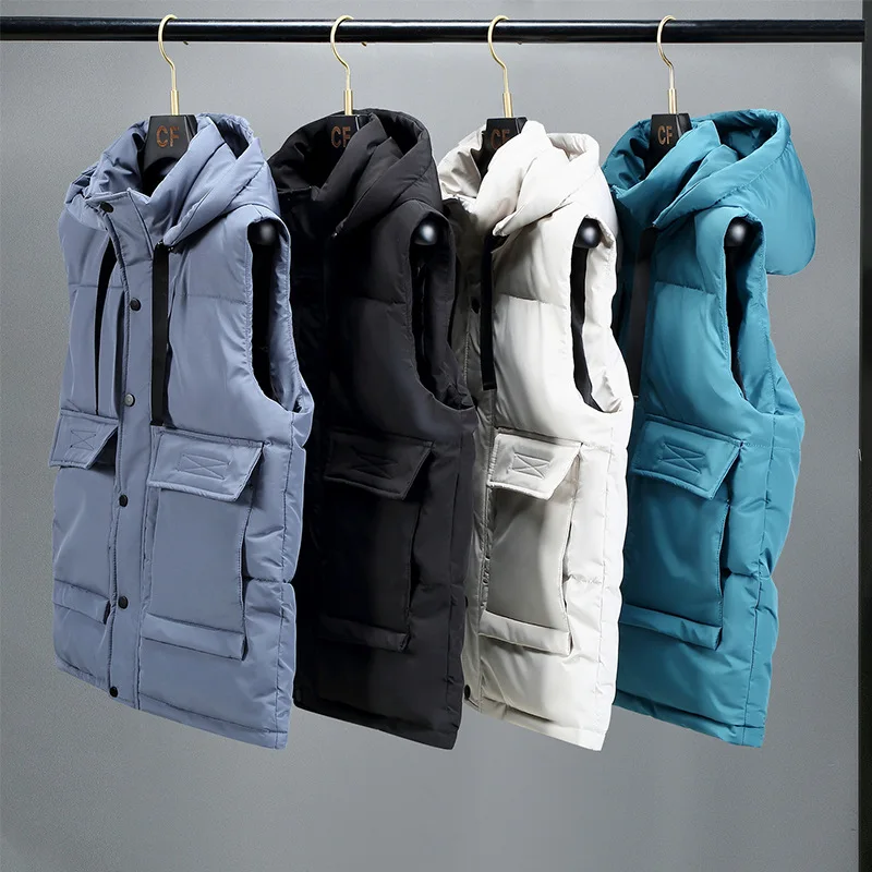 Men's Winter Vest Jacket Outerwear Removable Hooded Waistcoat Fashion Outdoor Waterproof Padded Puffer Sleeveless Vest