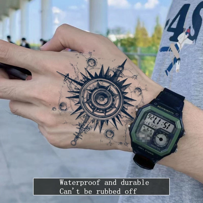 Hand Back Compass Herbal Juice Tattoo Stickers Totem Waterproof Lasting Fake Tattoo Personality for Men Women Semi-permanent Art