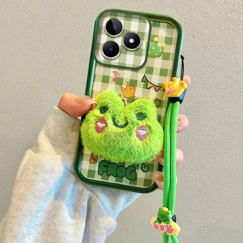 כיסוי טלפון נייד עם דמות צפרדע חמודה מתאים ל-Realme Note 60 50 צעצוע מפולש קרטון רצועת חבל עם רצועת צוואר