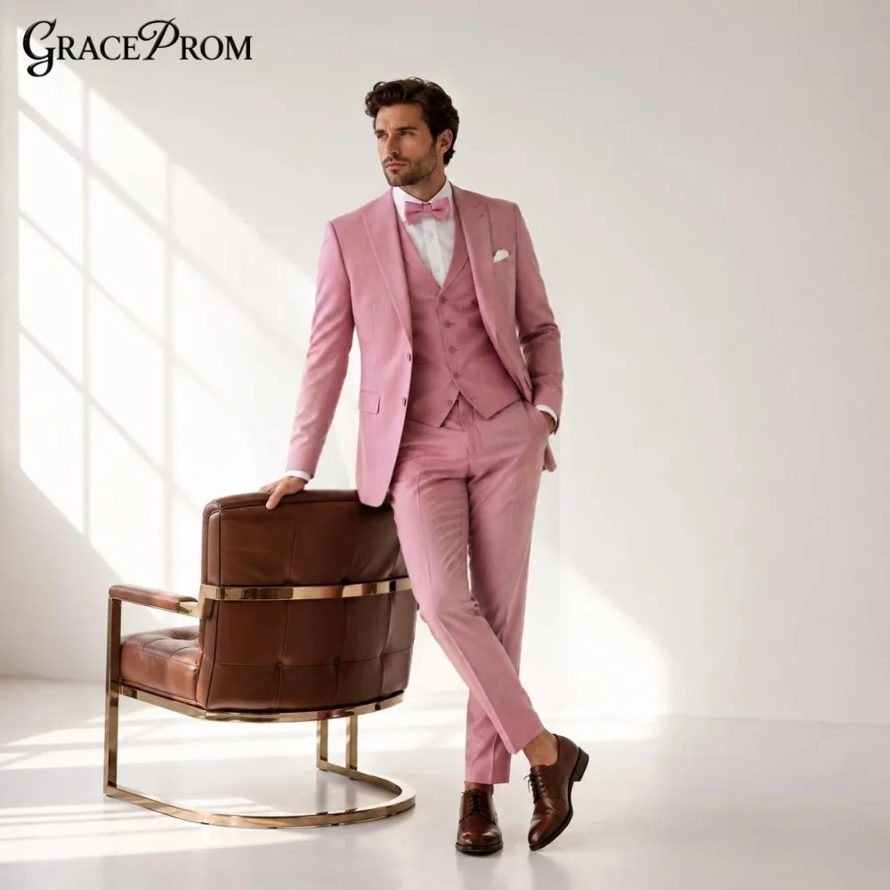 Handsome Solid Dusty Pink Notched Lapel Men Tuxedo Suit 3PCS 2027 Elegant Slim Wedding Groom Blazer Vest Pants Business Outfit
