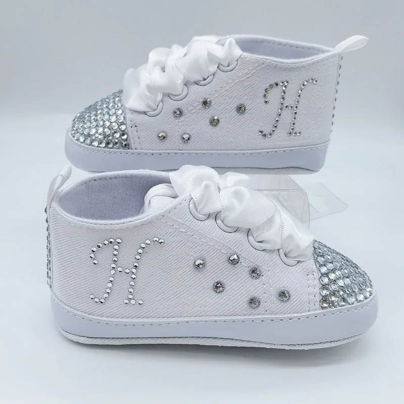 Initials Diamond Custom Design Baby Toddler Shoes Full White Christening Infants Baby Shoes Newborn First Walkers Lace-up