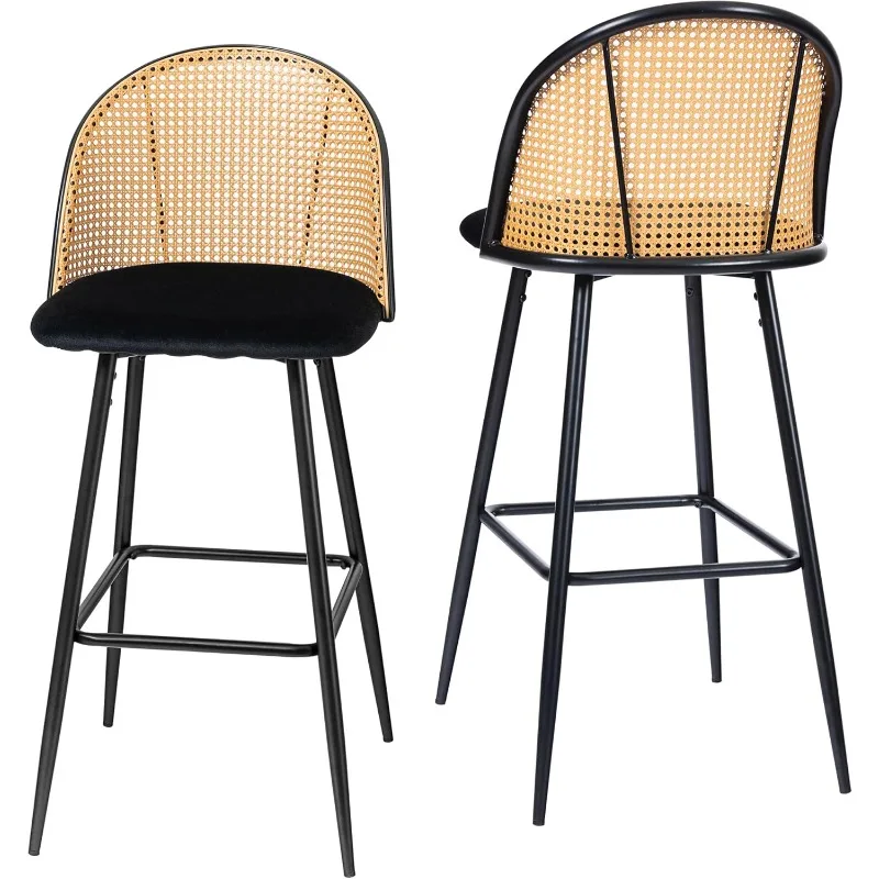 

Bar Height Stools with Rattan Back, Mid Century Modern 29 Inch Tall Bar Stools Set of 2, with Cane Back & Metal Tapered Legs