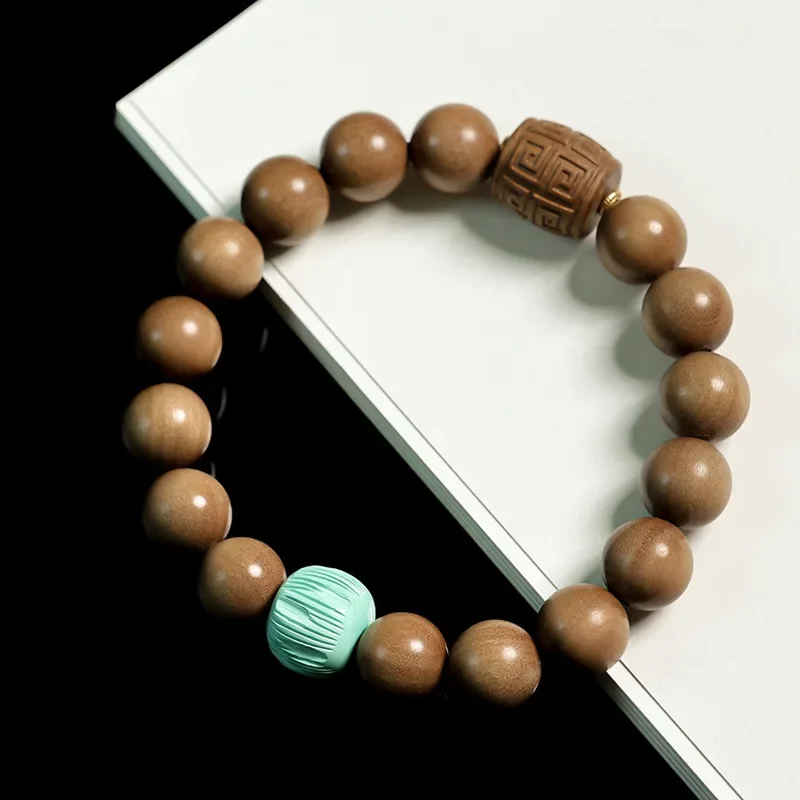 India Sandalwood 10mm Single Circle Men and Women Couple Cultural Artifact Prayer Beads Bracelet with Green Pine Spacer