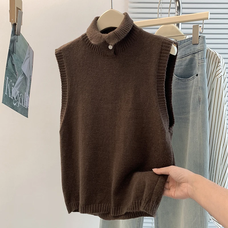 Women's High Collar Knitted Vest Early Autumn Winter Style Half Open Warm Inner Wear Faux Fur Versatile Fashionable Slim Fit