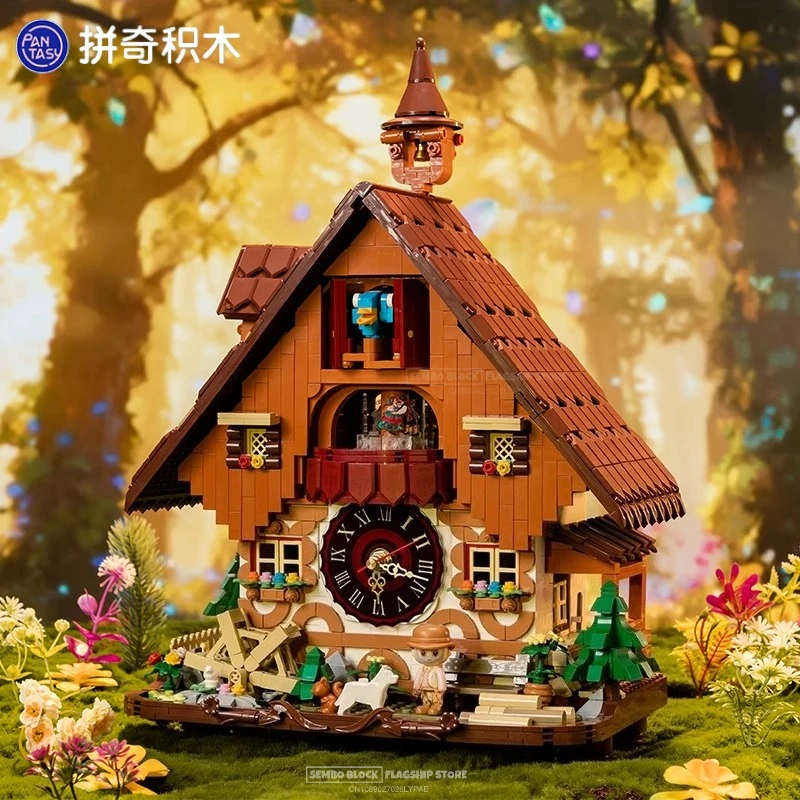 Orologio a cuco assemblato blocchi di costruzione Kawaii Time Theater Street View modello giocattolo ornamenti decorativi per desktop regali di festa