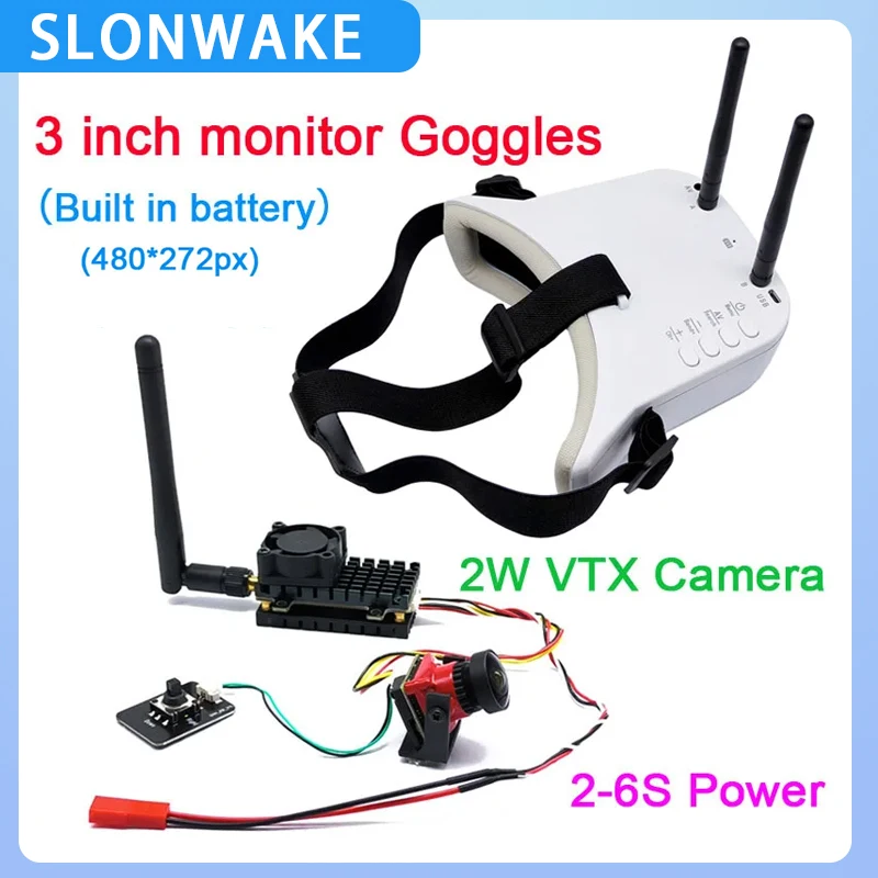 5.8G 48CH 2W VTX transmitter 1200TVL fpv camera+3 inch LCD Professional FPV Goggles build in Battery for FPV Drone Airplane