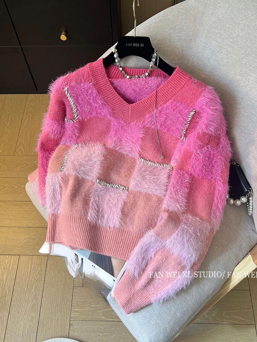 2024 Autumn Winter New Loose Knitwear Diamond Gradient Color Bright Silk Plaid V-neck Pink Sweater Women's Pullover Knitted Tops