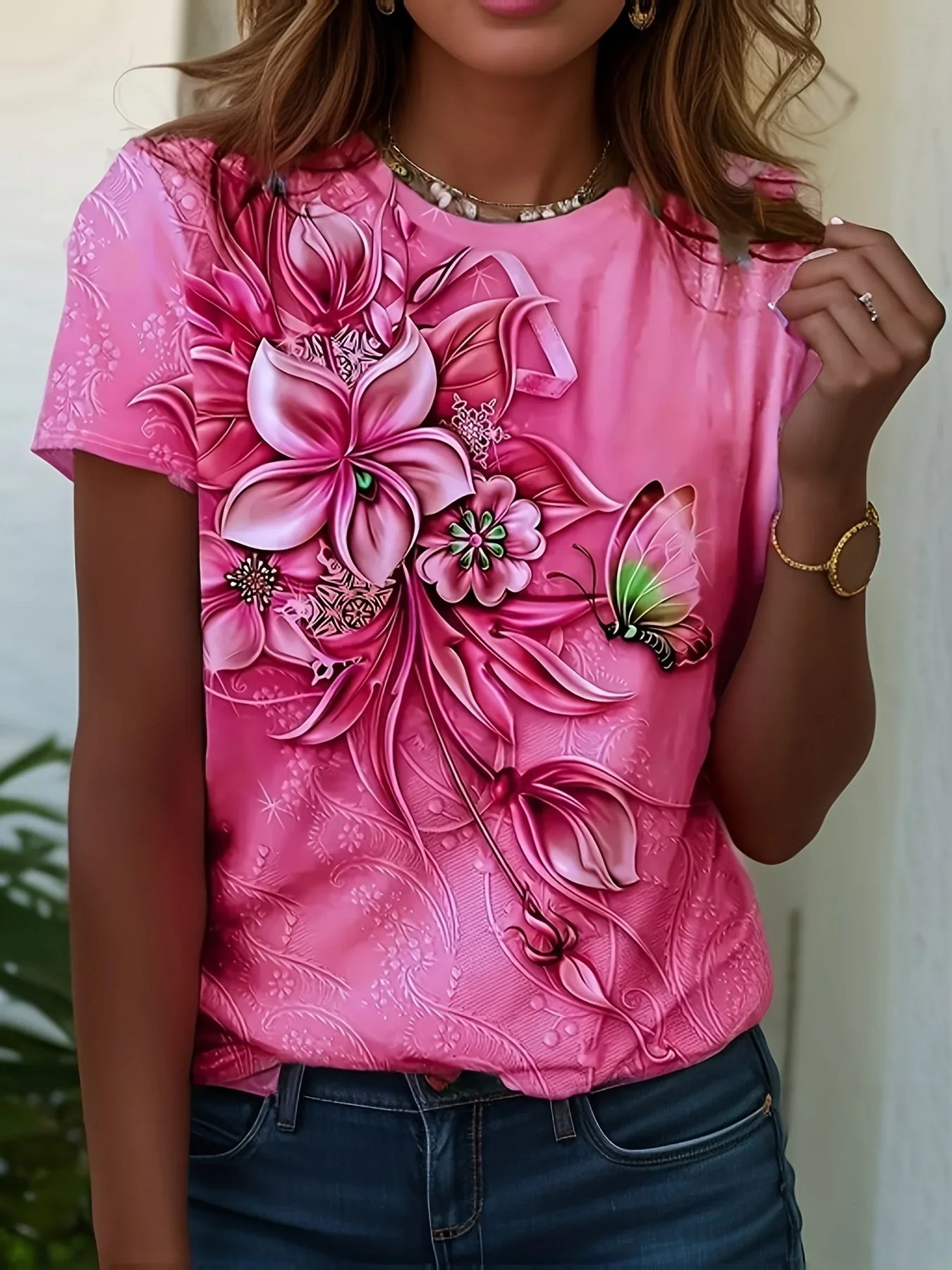 Plus Size Women Floral Butterfly Print T-Shirt, Crew Neck Short Sleeve Loose Casual Summer Ladies Tee Top