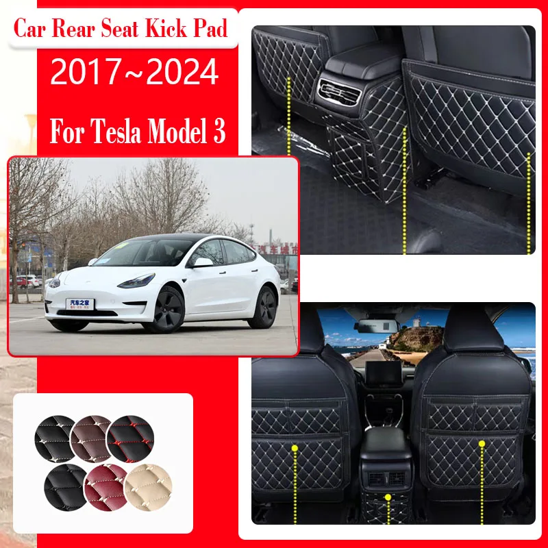 Leather Car Seat Kick Mats For Tesla Model 3 2017~2024 Anti-wearing Back Seat Protector Pad Armrest Box Carpets Auto Accessories