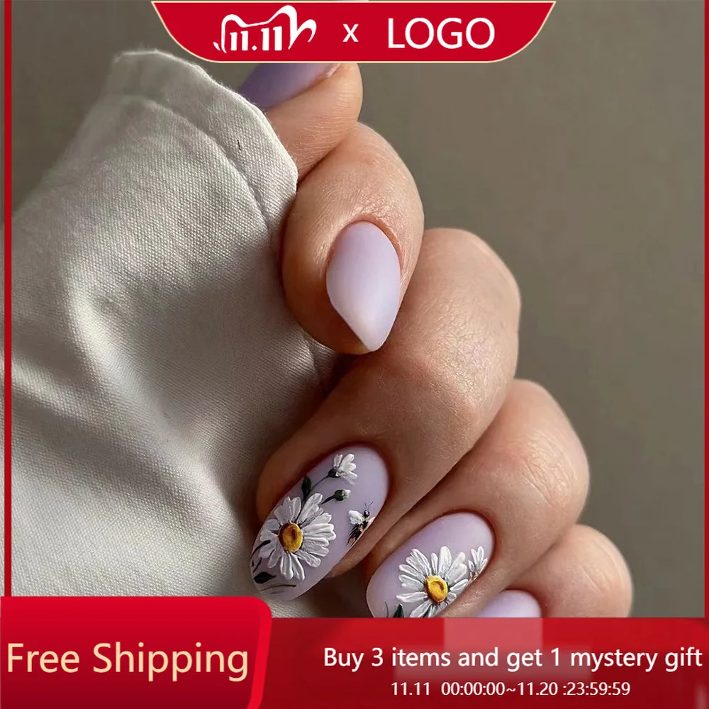 

24 шт./кор. накладные ногти Ins-стиль, цветы ромашки и маленькие пчелы фиолетового цвета, однотонные короткие стильные накладные ногти, подходят для женщин