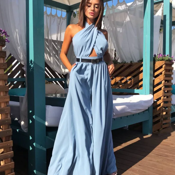 

Сексуальный комбинезон с высокой талией, повседневные брюки с широкими штанинами, из полиэстера, с молнией