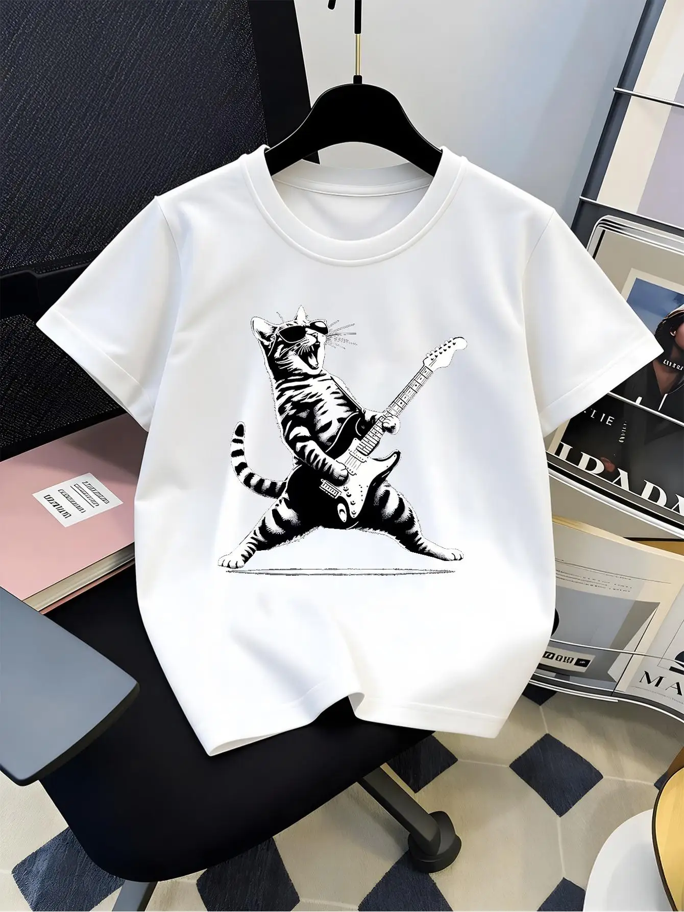 Cool Rock Cat Playing Guitar Black White Art Graphic Print Family Matching Short Sleeve Tee Boys Girls Kids Summer Casual Tops