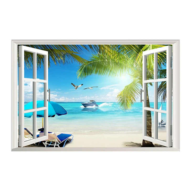 Summer Beach Palm Tree Scenery Poster Home Decorations Fake 3D Window Sunny Sea View Vinyl Stickers Wall Art Seabird Ship Murals