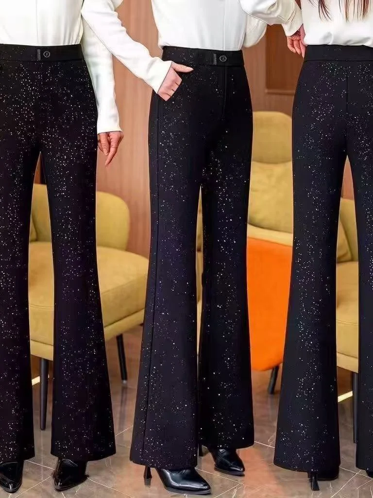 Shiny Powdered Micro Flared Pants Women's Spring 2026 Elastic Waist Slimming Versatile Starry  Casual Trousers