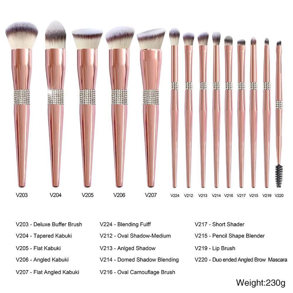 Makeup Brushes Private Label 14pieces Rose Gold Diamond Crystal Handle Makeup Brushes Set Foundation Eye Shadow Blending Tool