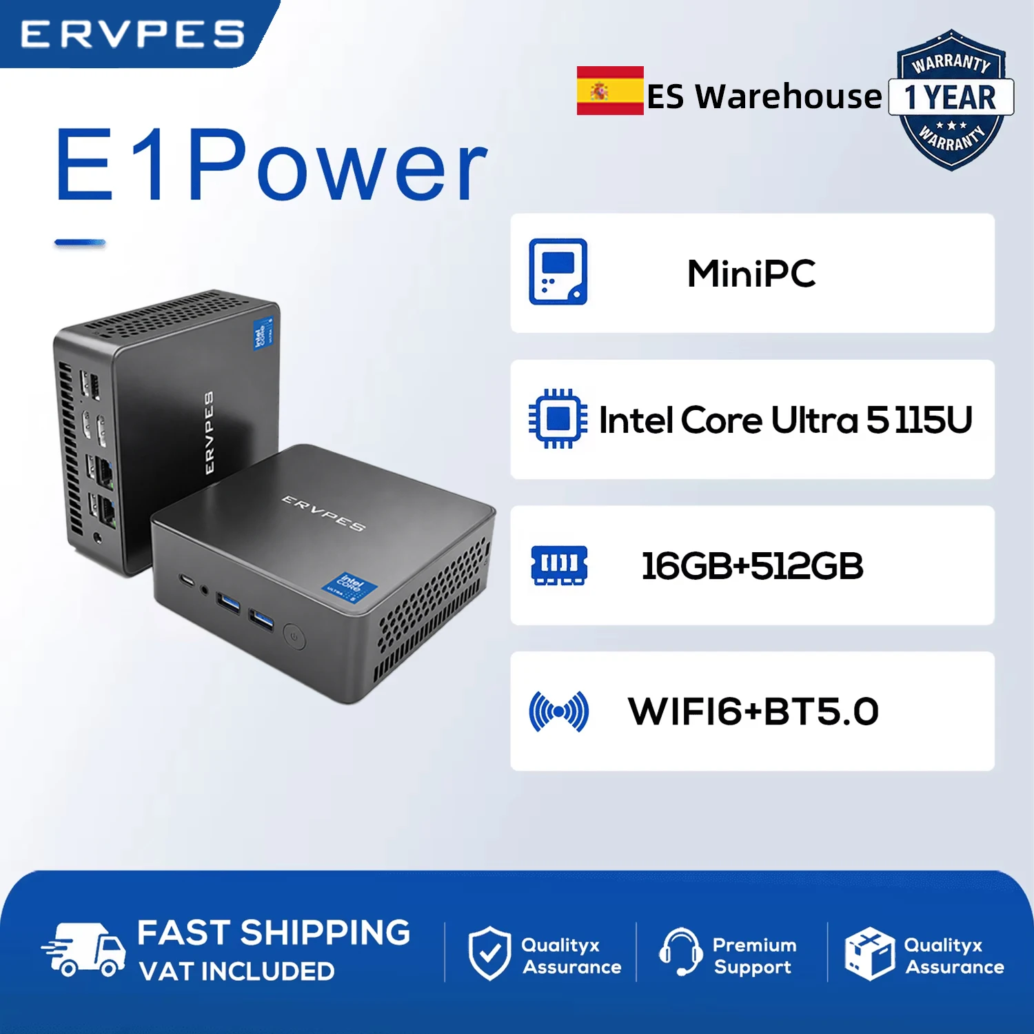 Ervpes E1 Power Mini Ai PC Intel Core Ultra 5 115U 16GB LPDDR5 512GB NVMe SSD Windows 11 WiFi 6 Bluetooth 5.0 USB HDMI Type-C Micro Desktopcomputer voor thuis en kantoor