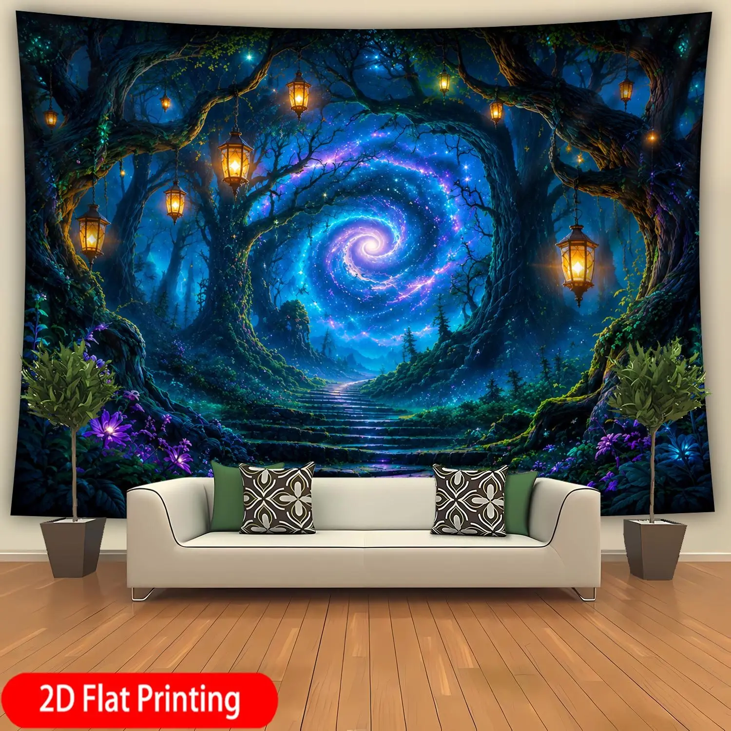 Cosmic Woods Tapestry, Enchanted Forest Lantern Galaxy Swirl Mossy Stone Steps Wall Tapestry, Nature Scene Decor for Home Wall
