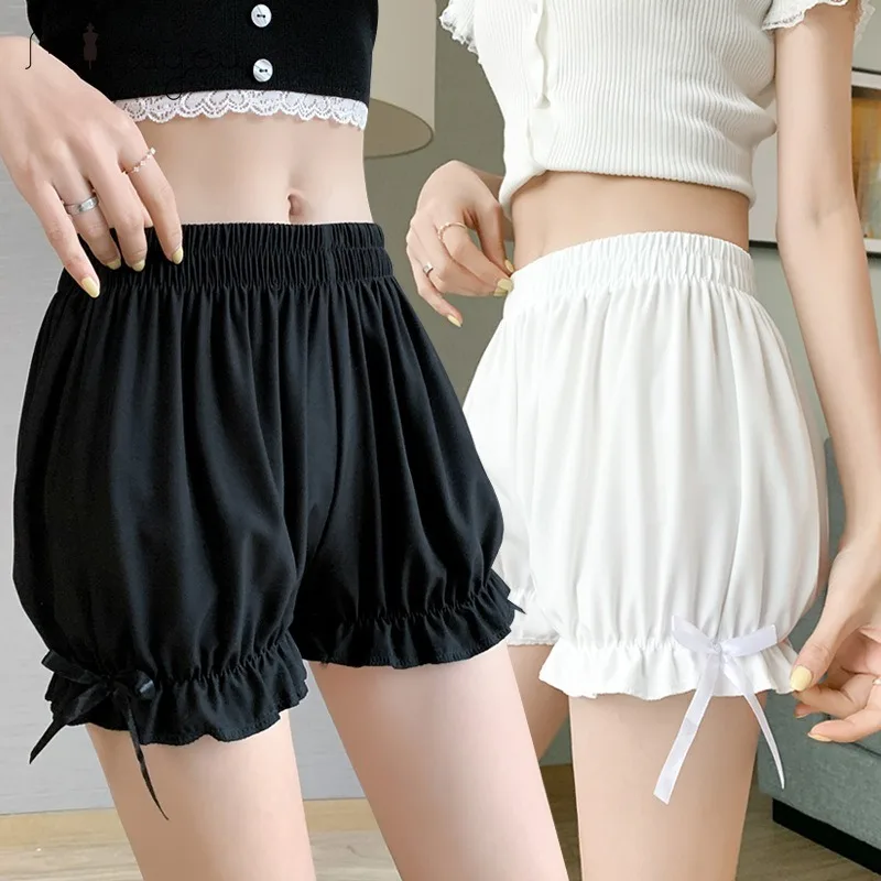 Satin Glossy Cute Lolita Safety Short Pants Women Sweet Ice Silk JK Bloomers Ruffles Lace Trim Panties Pumpkin Shorts Pettipants