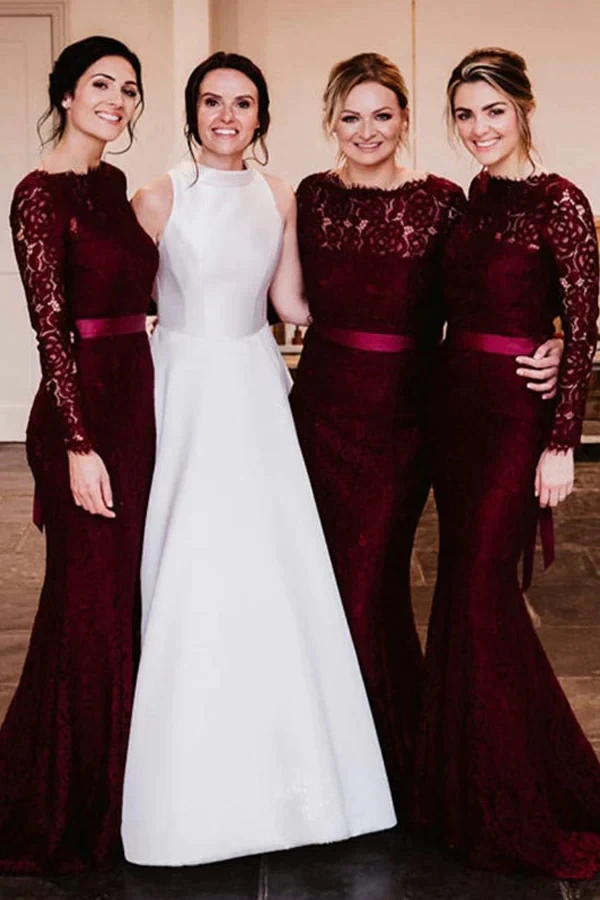 Lorencia Burgundy Lace Mermiad Bridesmaid Dress 2023 Long Sleeve Maid of Honor Wedding Party Gown Robes Invitée Mariage YBD50